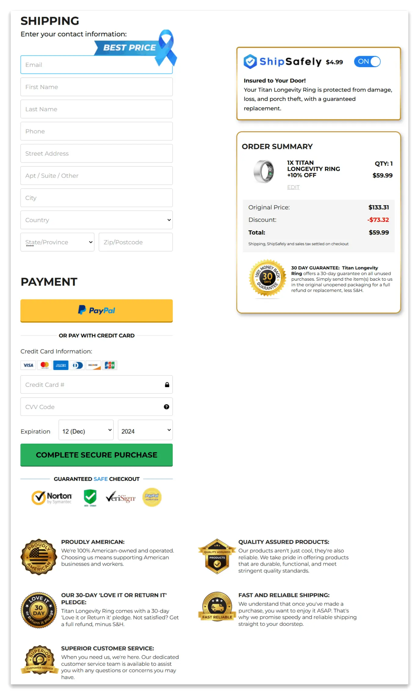 Titan Longevity Ring checkout page
